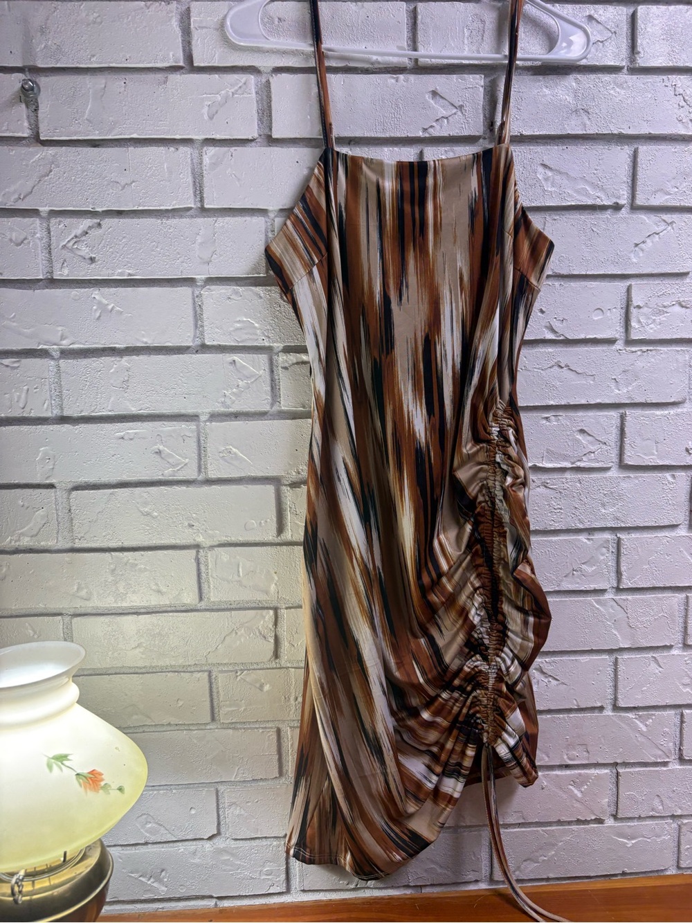 Ruched Side Brown Striped Mini Dress with Adjustable Spaghetti Straps